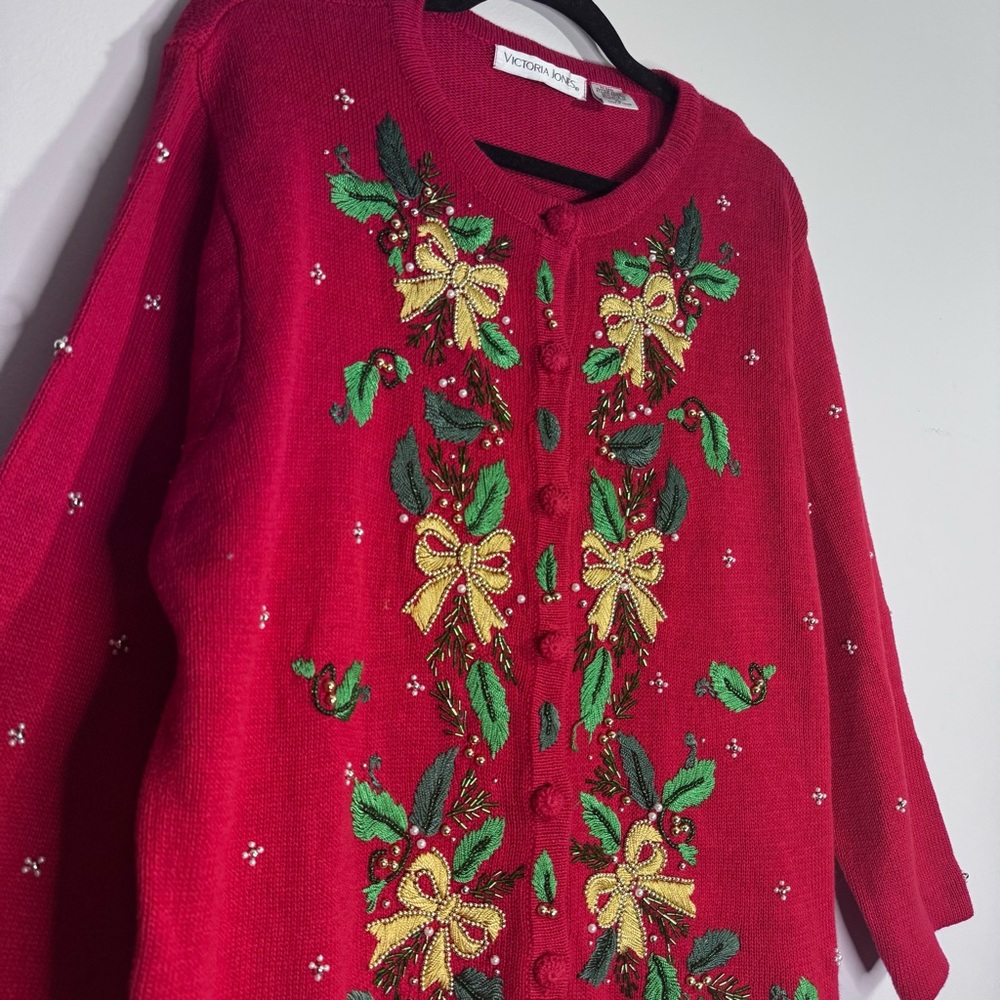 Victoria Jones XL Red Christmas Cardigan Embroidered Beaded Holly Bow Grannycore